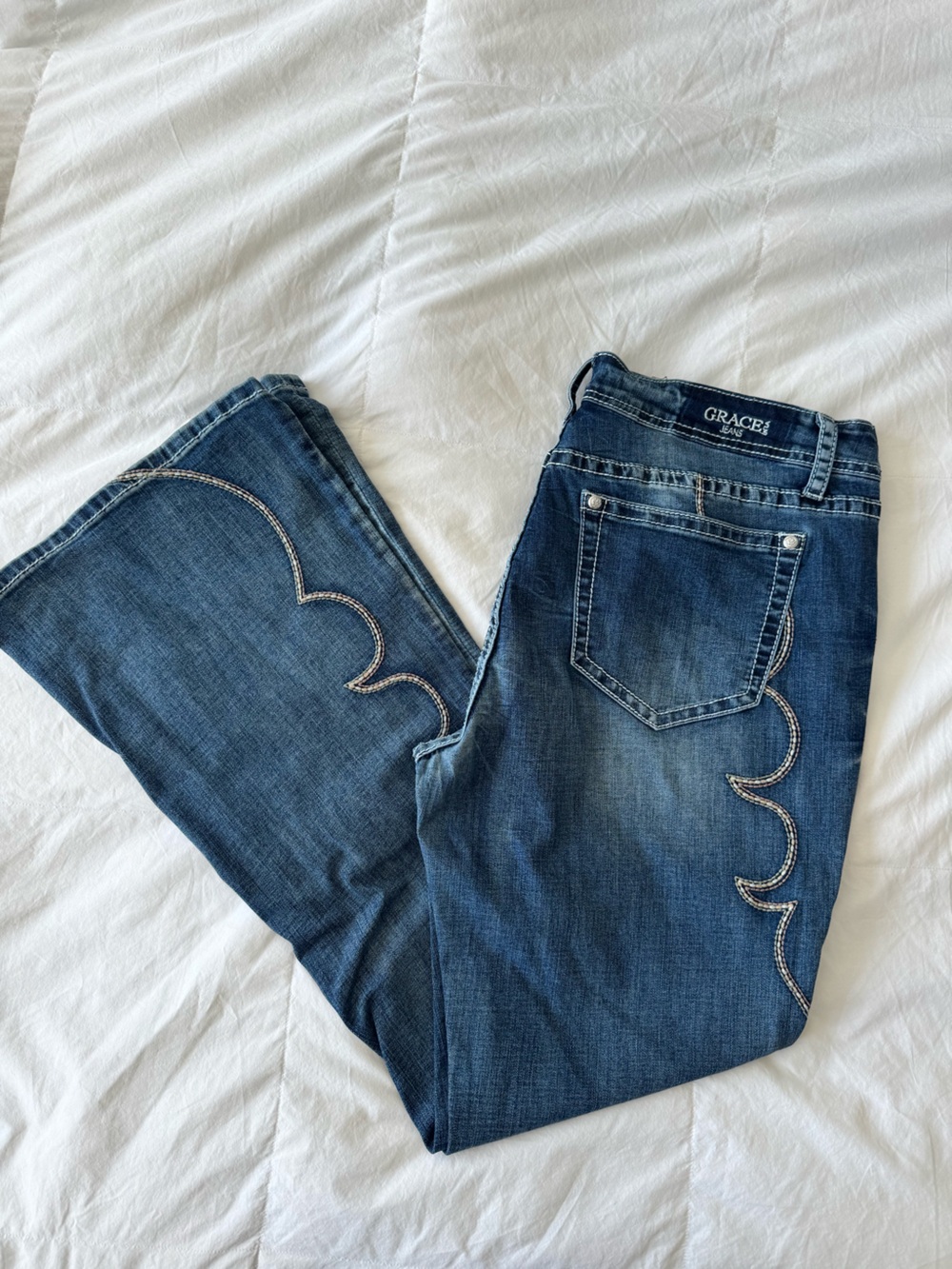 Grace in LA Dark Blue Embroidered Wide Leg Jeans